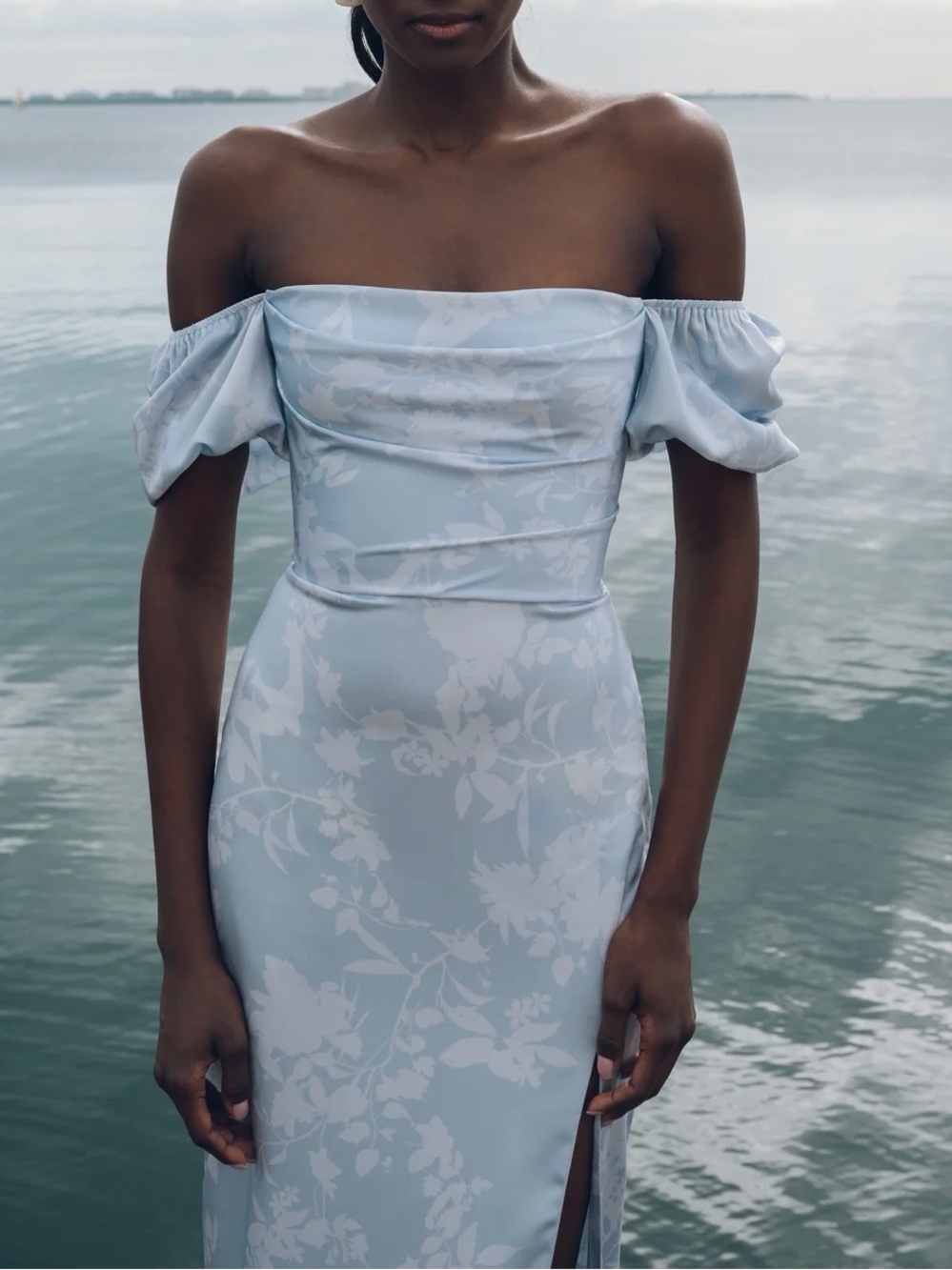 Jenny Yoo Dress Blakey Whisper Blue Corsage Satin Slit Floral Midi Dress